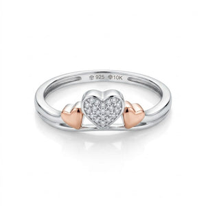 925 Sterling Silver and 10K Rose Gold Accent Heart and Diamonds Ring