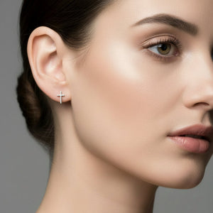 925 Sterling Silver Rhodium Plated Cross Stud Earrings.