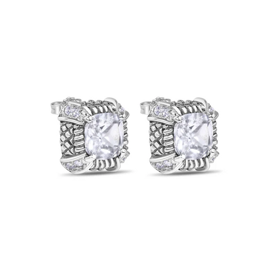 Sterling Silver Rhodium-Plated Sterling Silver Square CZ Stud Earring 12mm