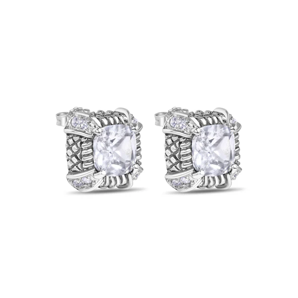 Sterling Silver Rhodium-Plated Sterling Silver Square CZ Stud Earring 12mm