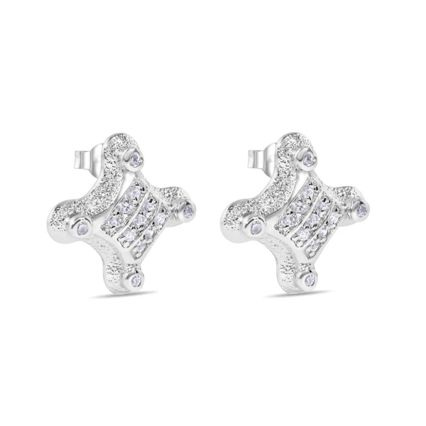 Sterling Silver Rhodium-Plated Sterling Silver Cross CZ Stud Earring