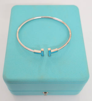 TIFFANY & CO. White Gold T Wire Turquoise Cuff Bracelet. High-End Jewellery Resale. 18k