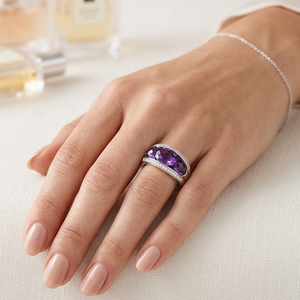 18K White Gold Custom-Cut Triple Amethyst and Diamond Ring