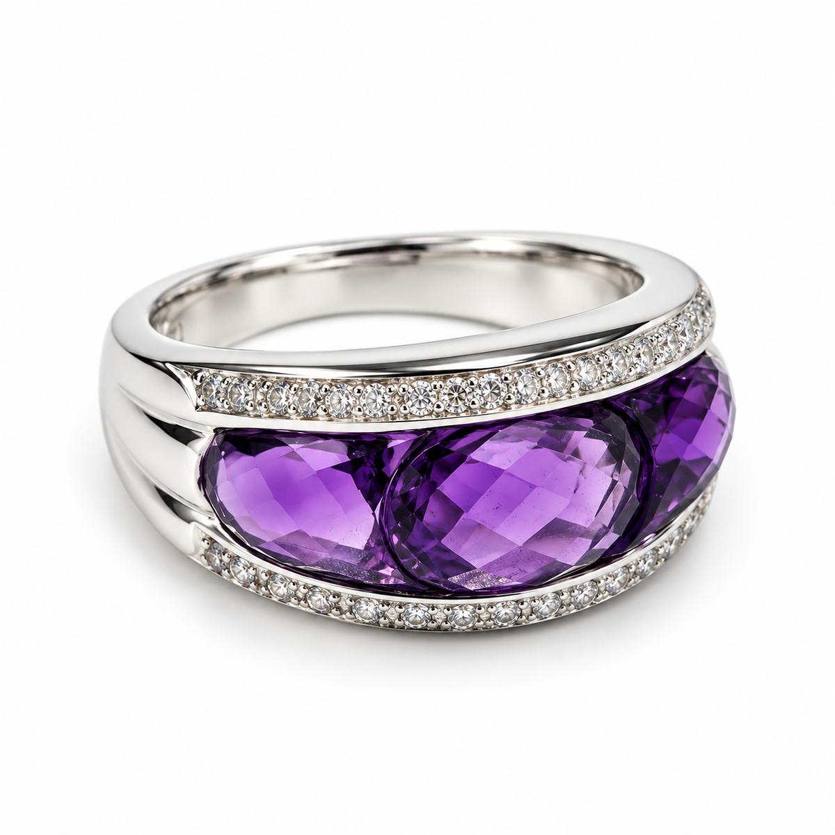 18K White Gold Custom-Cut Triple Amethyst and Diamond Ring