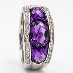 18K White Gold Custom-Cut Triple Amethyst and Diamond Ring