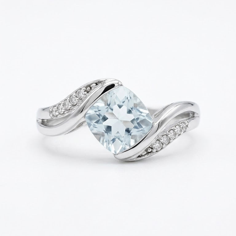 925 Sterling Silver Cushion-Cut Sky Blue Topaz and Diamonds Pave Ring