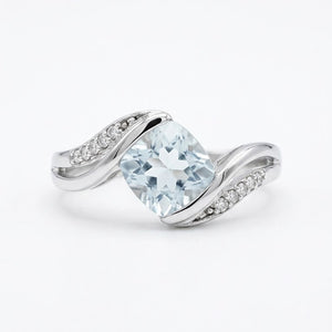 925 Sterling Silver Cushion-Cut Sky Blue Topaz and Diamonds Pave Ring