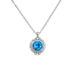 White Gold Blue Topaz and Diamond Pendant and Chain Necklace . 18k, Topaz, Cabochon Shape 11ct,. TDW:  2.46ct. VS, FG