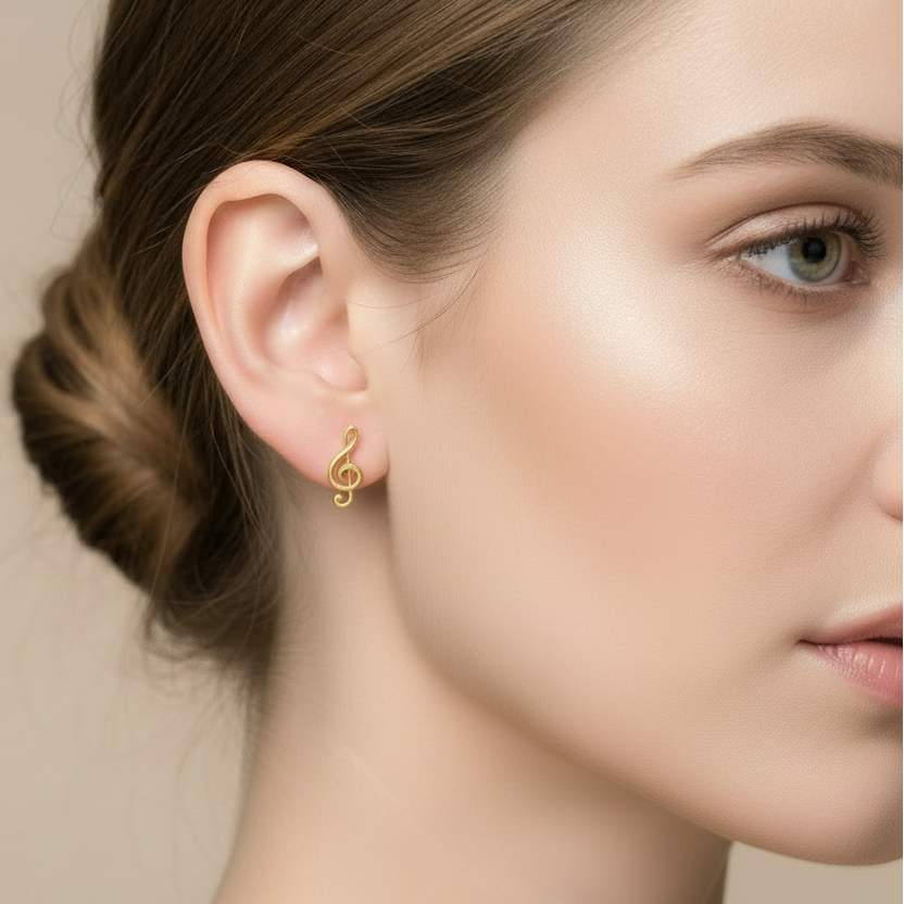 18K Yellow Gold stud earring Treble Clef Style 1.07gr