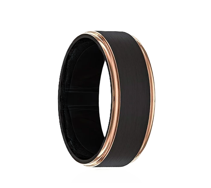 Tungsten Carbide Wedding Band Black Finished Flat Ring with Rose Gold Step Edges, 6mm