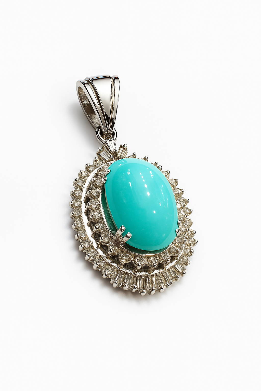 Vintage White Gold Persian Turquoise and CZ Pendant. 18k, 10.9gr, T: 11.5ct