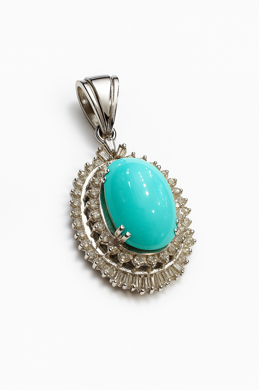 Vintage White Gold Persian Turquoise and CZ Pendant. 18k, 10.9gr, T: 11.5ct