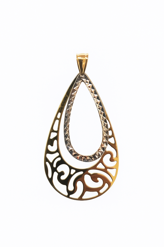 10K Two Tone Yellow and White Gold Filigree Teardrop Pendant