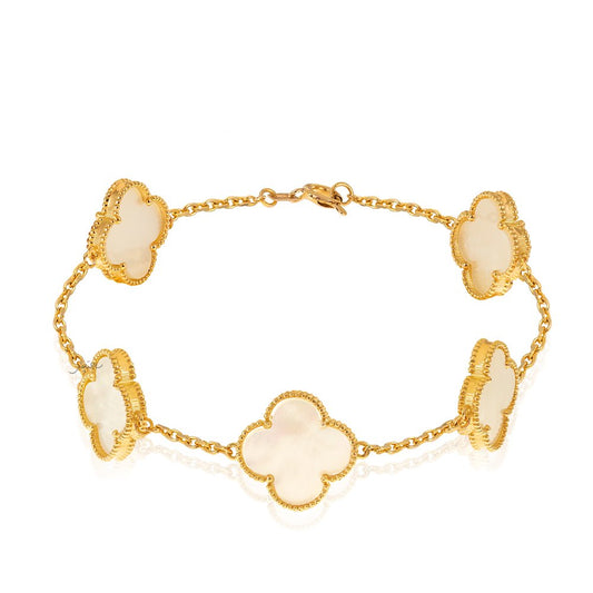 Yellow Gold 5 Clover of Mother of Pearl Bracelet. 18k, Total Weight: 11gr, Net: 8.5gr, 7 1/2"