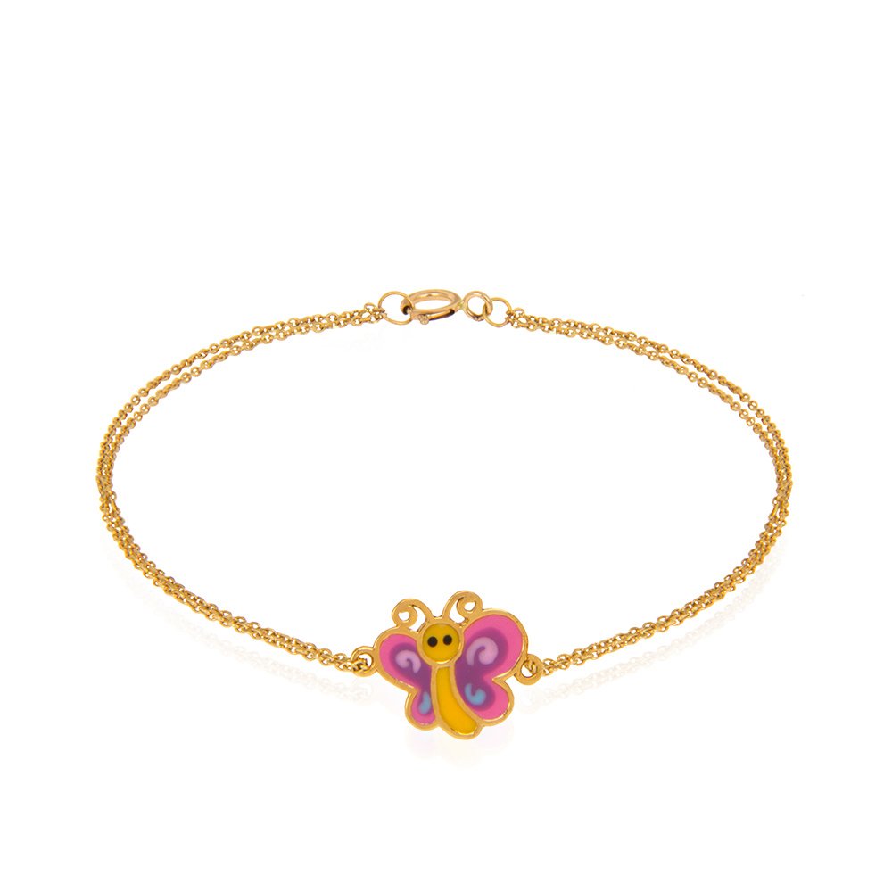 Yellow Gold Kids Bracelet with a butterfly in Pink Enamel,  18k 1.68gr