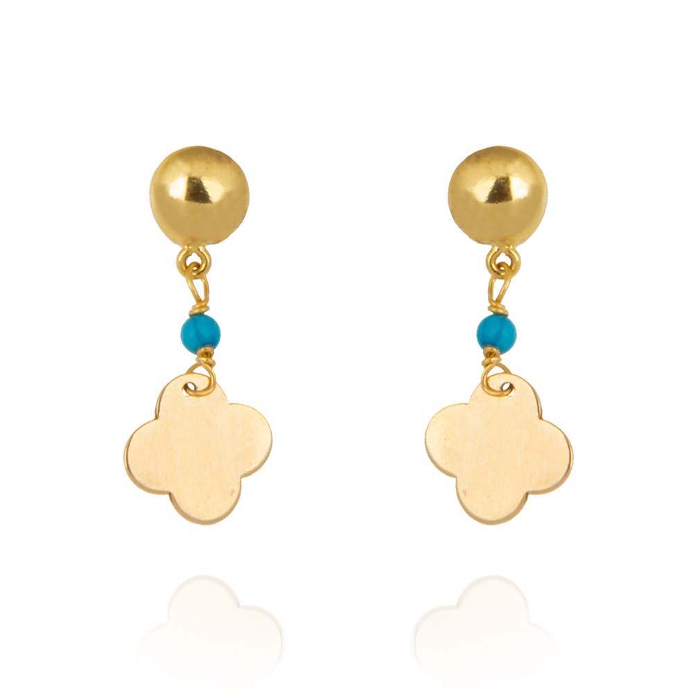 Yellow gold dangling earing with one clover and one Turquoise bead 18k 1.45gr