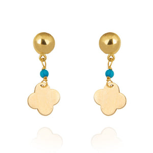 Yellow gold dangling earing with one clover and one Turquoise bead 18k 1.45gr
