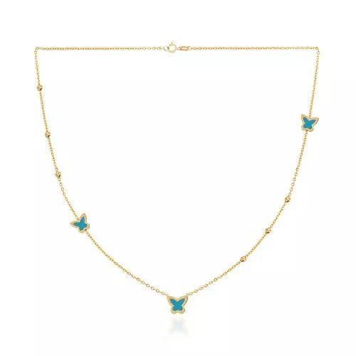 Yellow Gold Station Blue Enamel Butterfly and Balls Necklace. 18k 3.02gr 18"