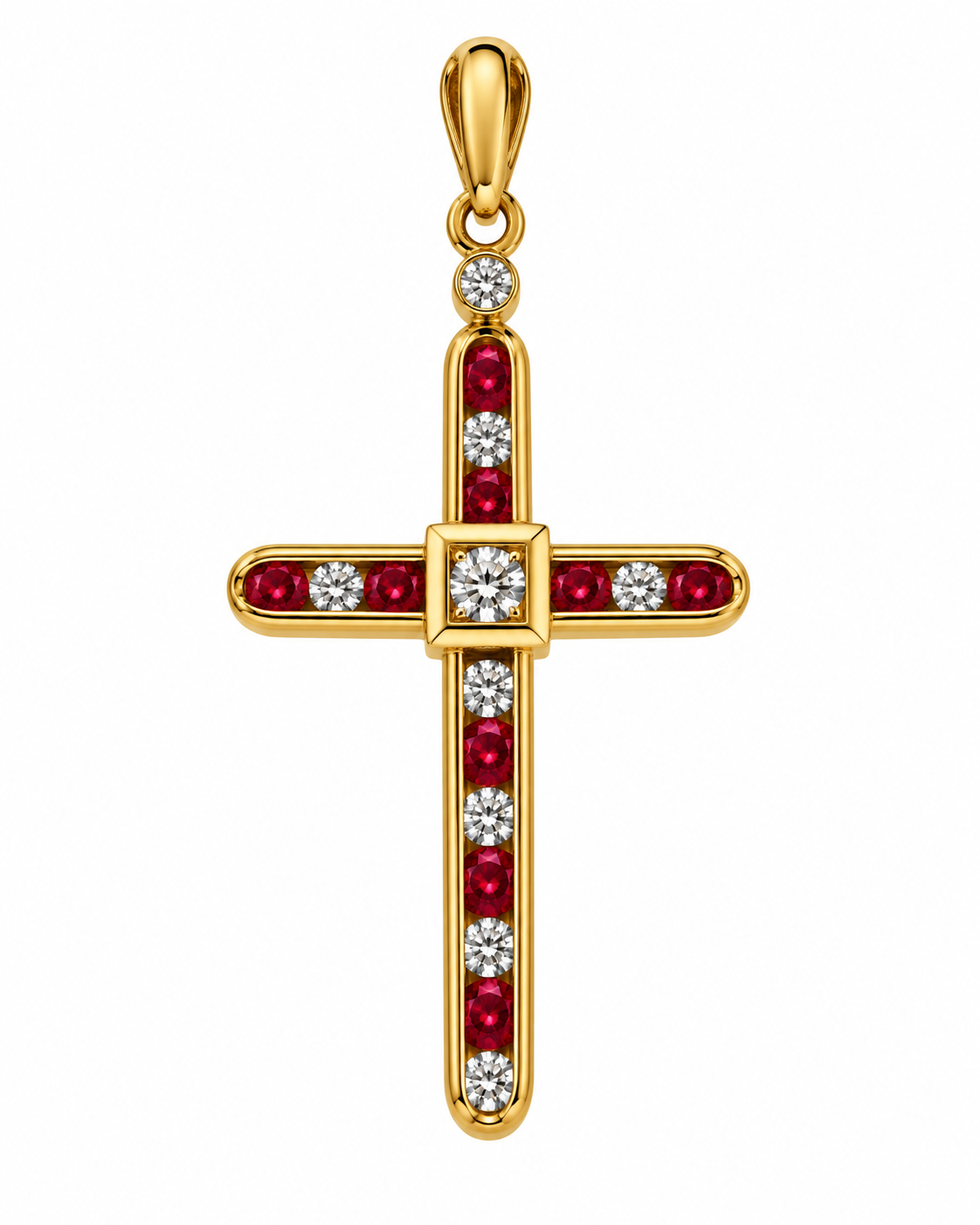 18K Yellow Gold Ruby and Diamond Cross Pendant Channel Set TDW 0.3ct