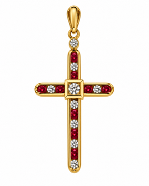 18K Yellow Gold Ruby and Diamond Cross Pendant Channel Set TDW 0.3ct