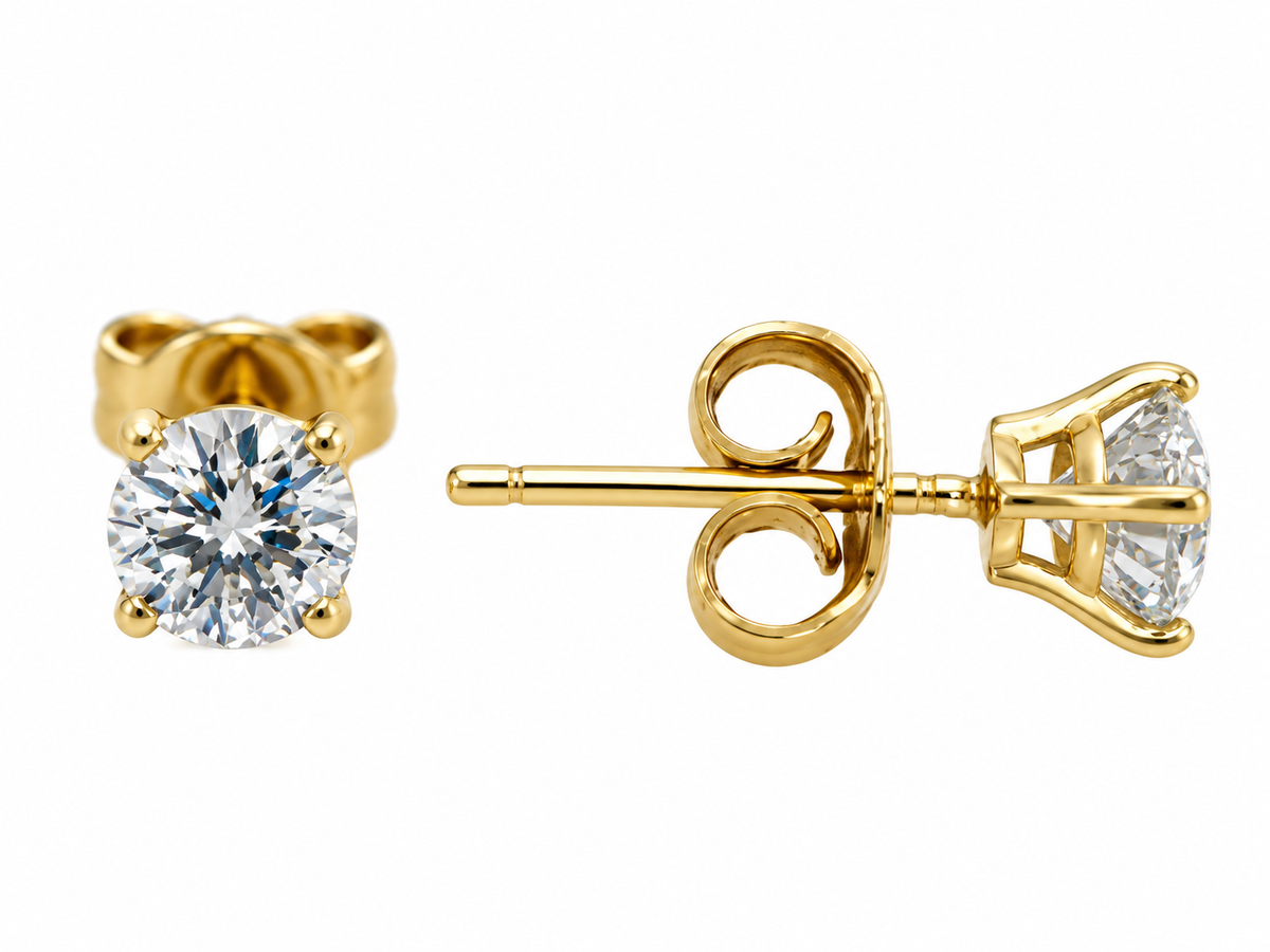 18K Yellow Gold Round Diamond solitaire Stud Earrings