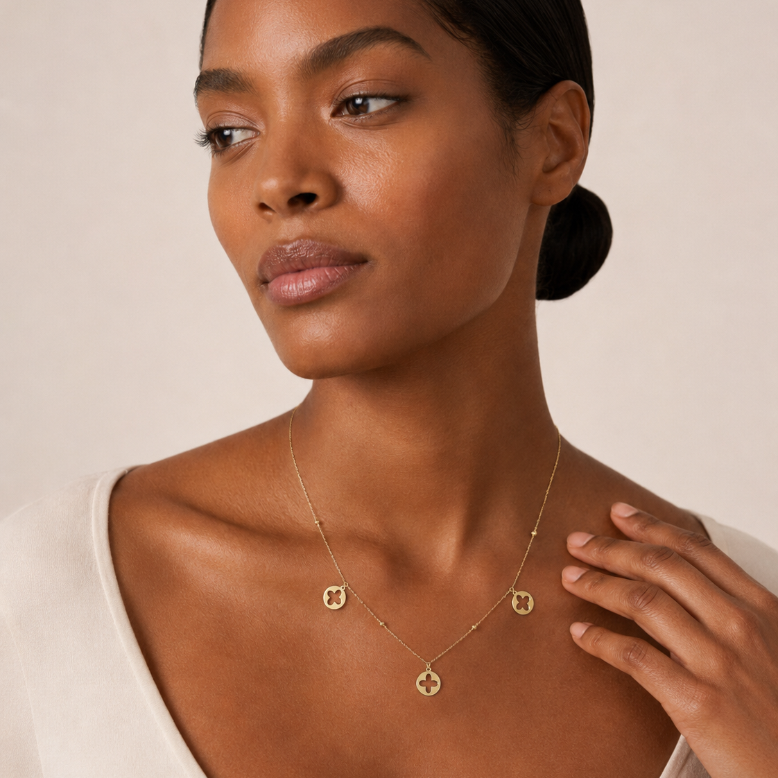 18K Yellow Gold Flower Cutout Disc Charm Necklace