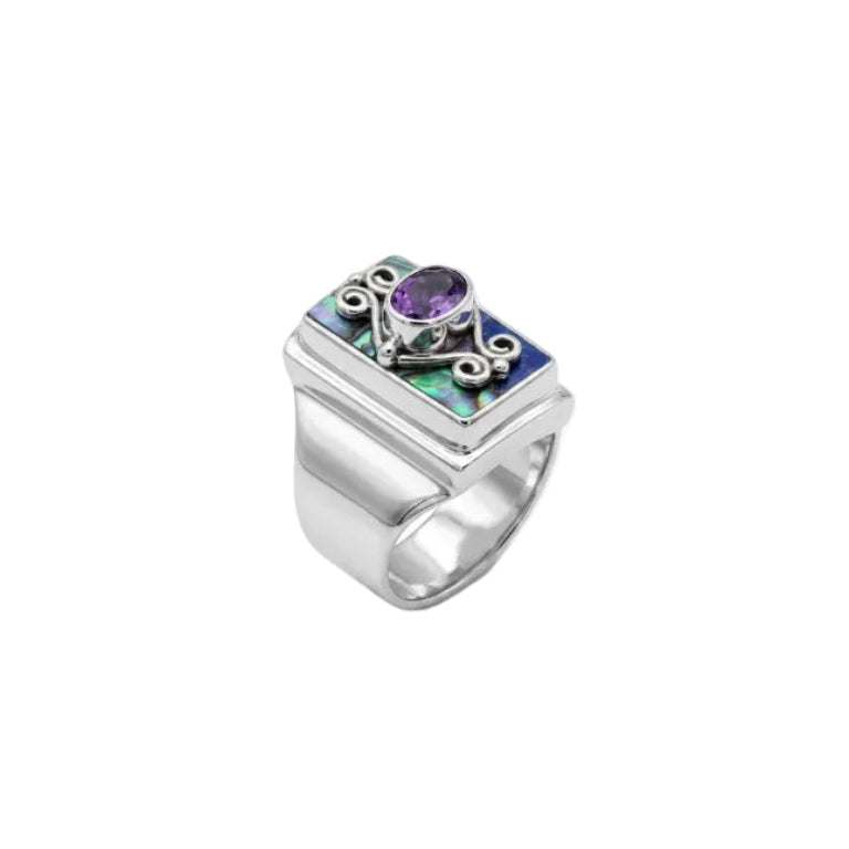 925 Sterling Silver Abalone Shell and Amethyst Statement Ring