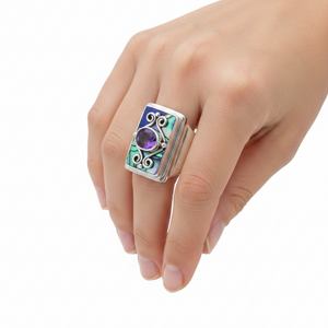 925 Sterling Silver Abalone Shell and Amethyst Statement Ring