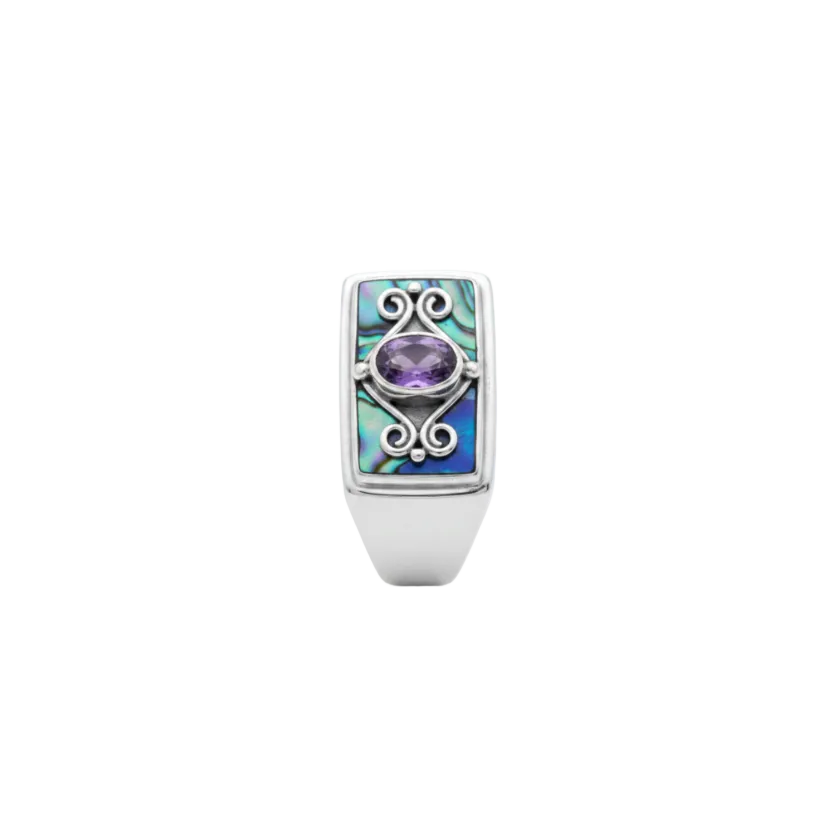 925 Sterling Silver Abalone Shell and Amethyst Statement Ring