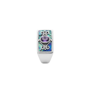 925 Sterling Silver Abalone Shell and Amethyst Statement Ring