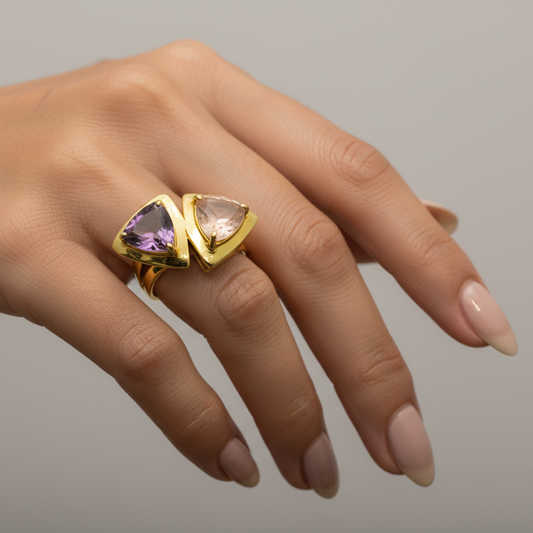 18K Yellow Gold Trillion Ring with Amethyst and Rose Quartz