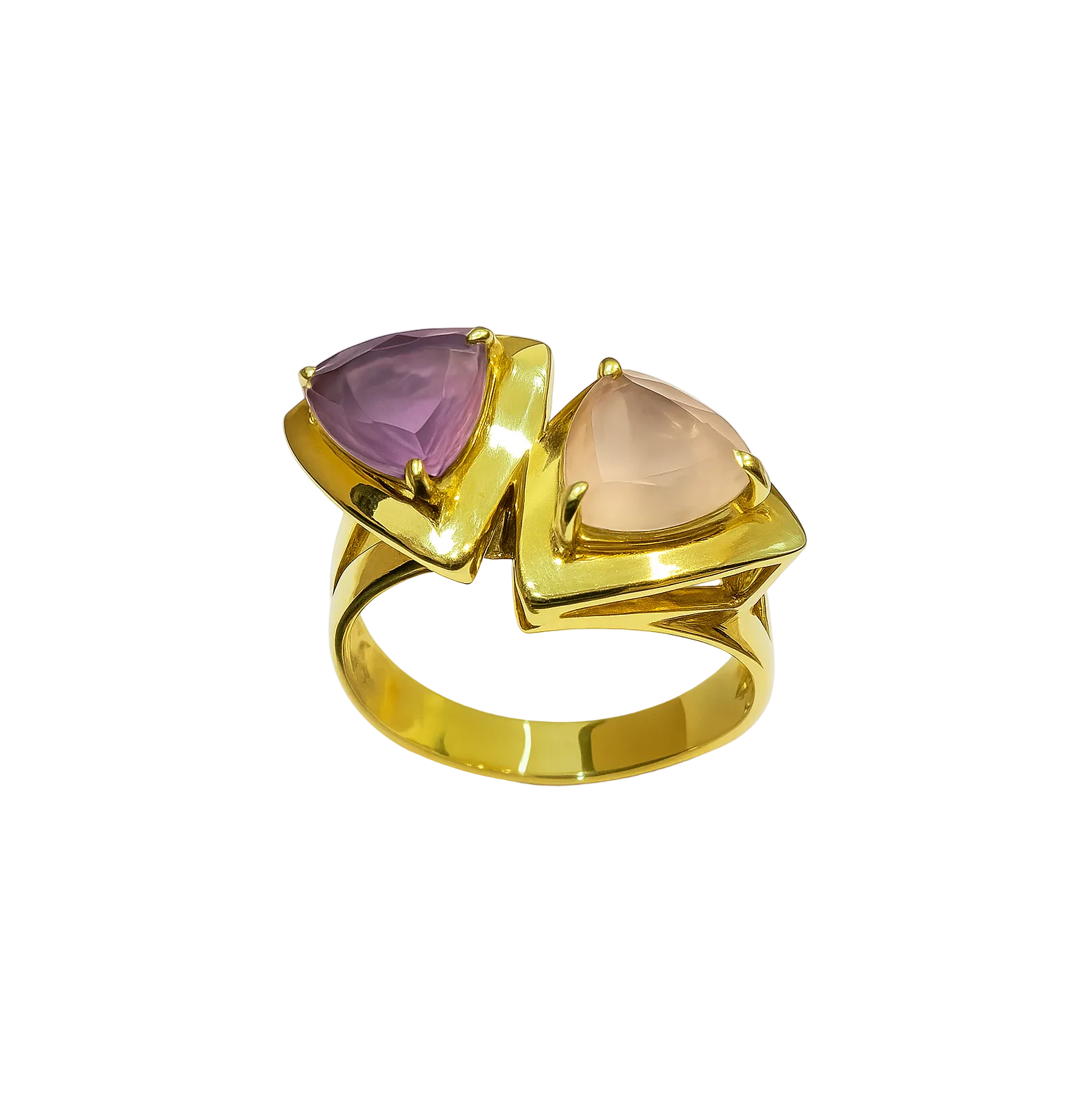 18K Yellow Gold Trillion Ring with Amethyst and Rose Quartz