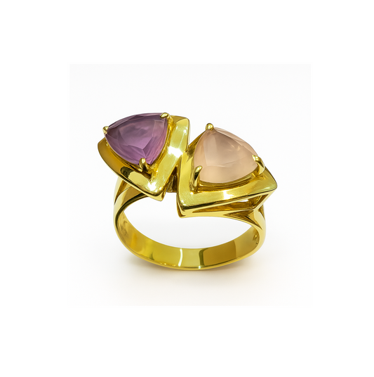 18K Yellow Gold Trillion Ring with Amethyst and Rose Quartz