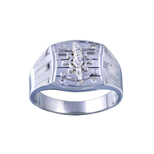 Silver Rhodium Plated Crucifix Anchor Ring setting with Cubic