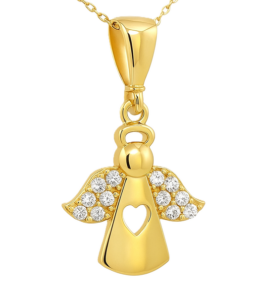 Yellow Gold  Necklace, Angel Pendant  setting with Cubic Zirconia , 14k