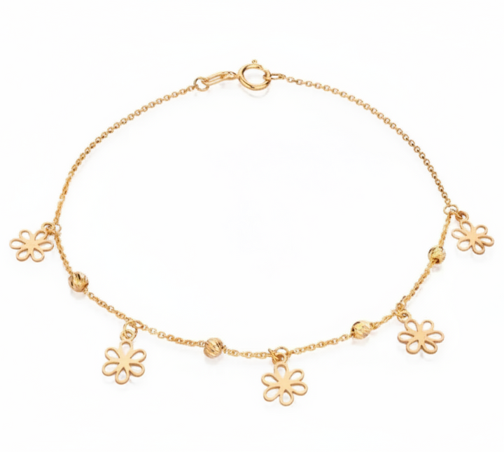 18K Yellow Gold Dangling Flower Charm Station Bracelet