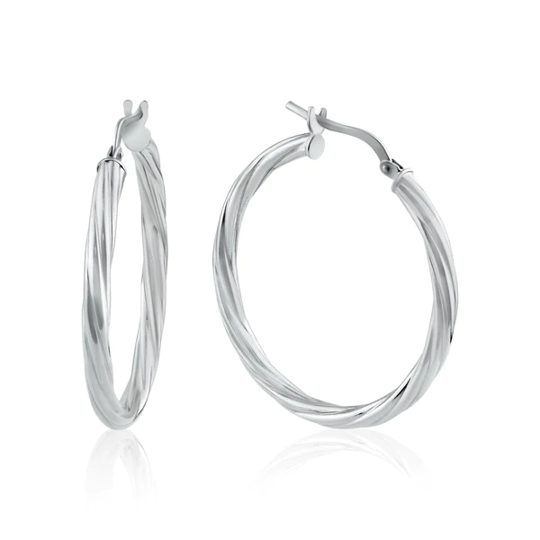 Silver Rhodium Plated Silver Twisted Hoop Earrings, 35mm