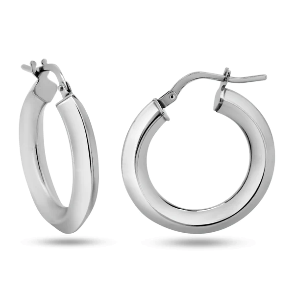 Silver Rhodium Plated Chisel Design Hoop Earrings, 12 mm