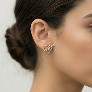 Yellow Gold Cupid's Arrow Heart Stud  Earrings 14k
