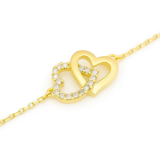 14K Yellow Gold Bracelet With two Hearts and setting with Cubic Zirconia 6 1/2 to 7 1/2" Adjustable