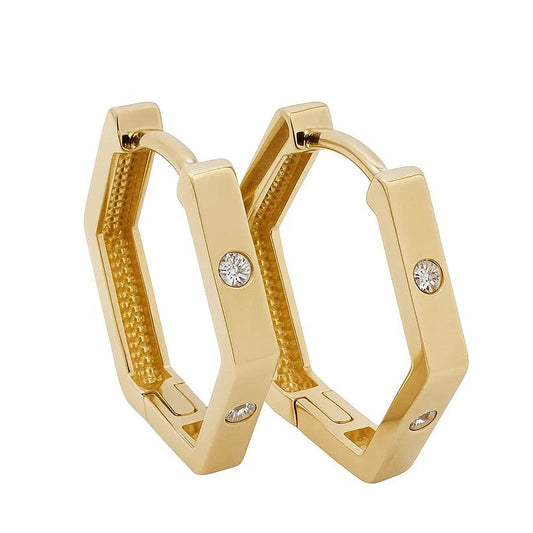 14K Yellow Gold Cubic Zircconia Hexagonal Earrings