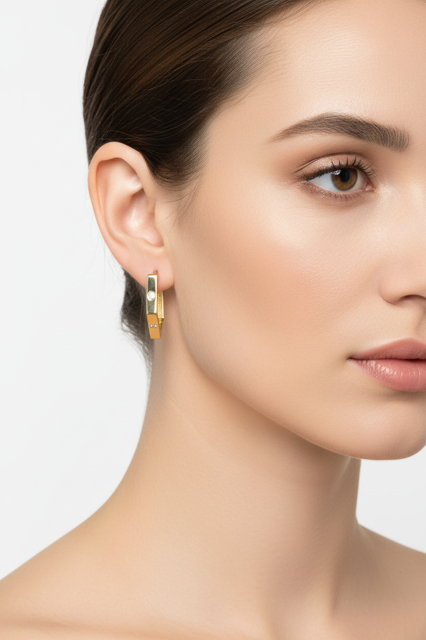 14K Yellow Gold Hexagonal Earrings setting with Cubic Zirconia 16mm