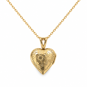 10K Yellow Gold Floral Engraved Heart Locket Pendant