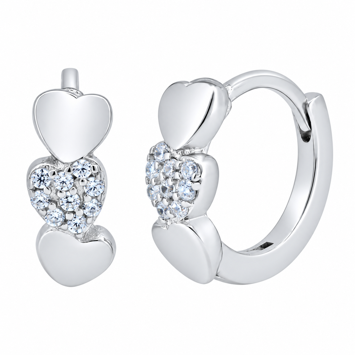 925 Sterling Silver Rhodium Plated Pave Heart Huggie Earrings