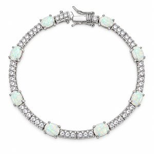 925 Sterling Silver Oval Opal & CZ Tennis Bracelet