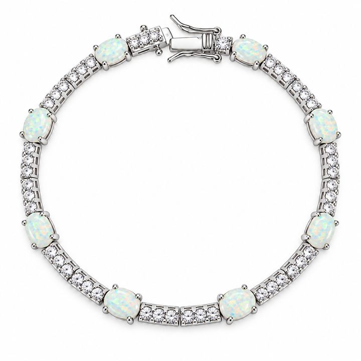 925 Sterling Silver Oval Opal & CZ Tennis Bracelet