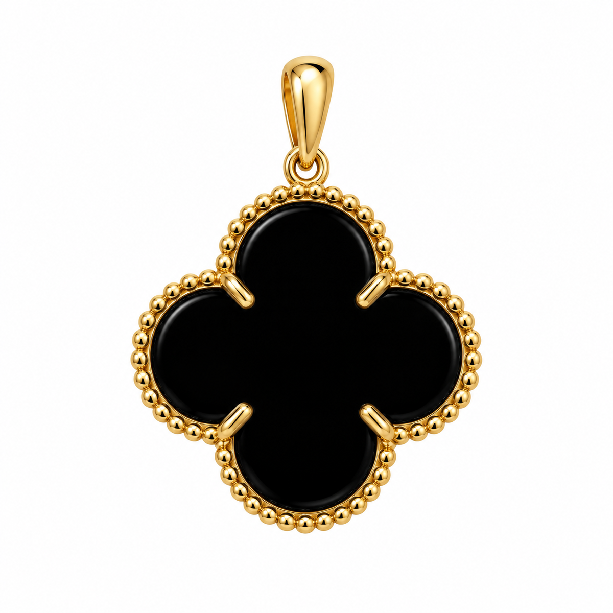 18k Yellow Gold Black Stone Four-Leaf Clover Pendant