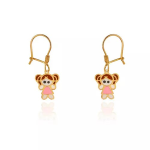 Yellow Gold Kids Dangling Earring , Beautiful Girl setting with colorful Enamels, 18k, 1.6gr