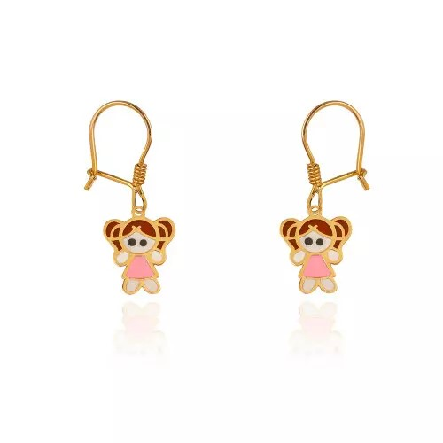 Yellow Gold Kids Dangling Earring , Beautiful Girl setting with colorful Enamels, 18k, 1.6gr