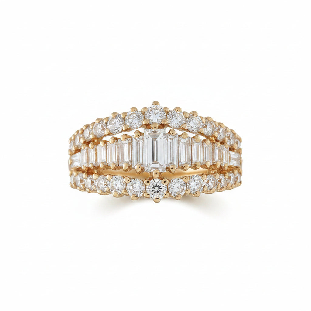 14k Yellow Gold Stepped Baguette & Round Diamond Ring.